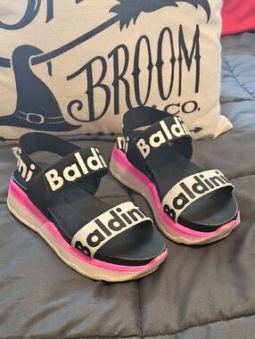 Authentic Baldinini Black, White & Pink Logo Platform Sandals - Made In Italy